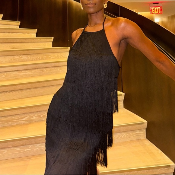 Black Fringe Backless Halter Dress - Picture 1 of 12